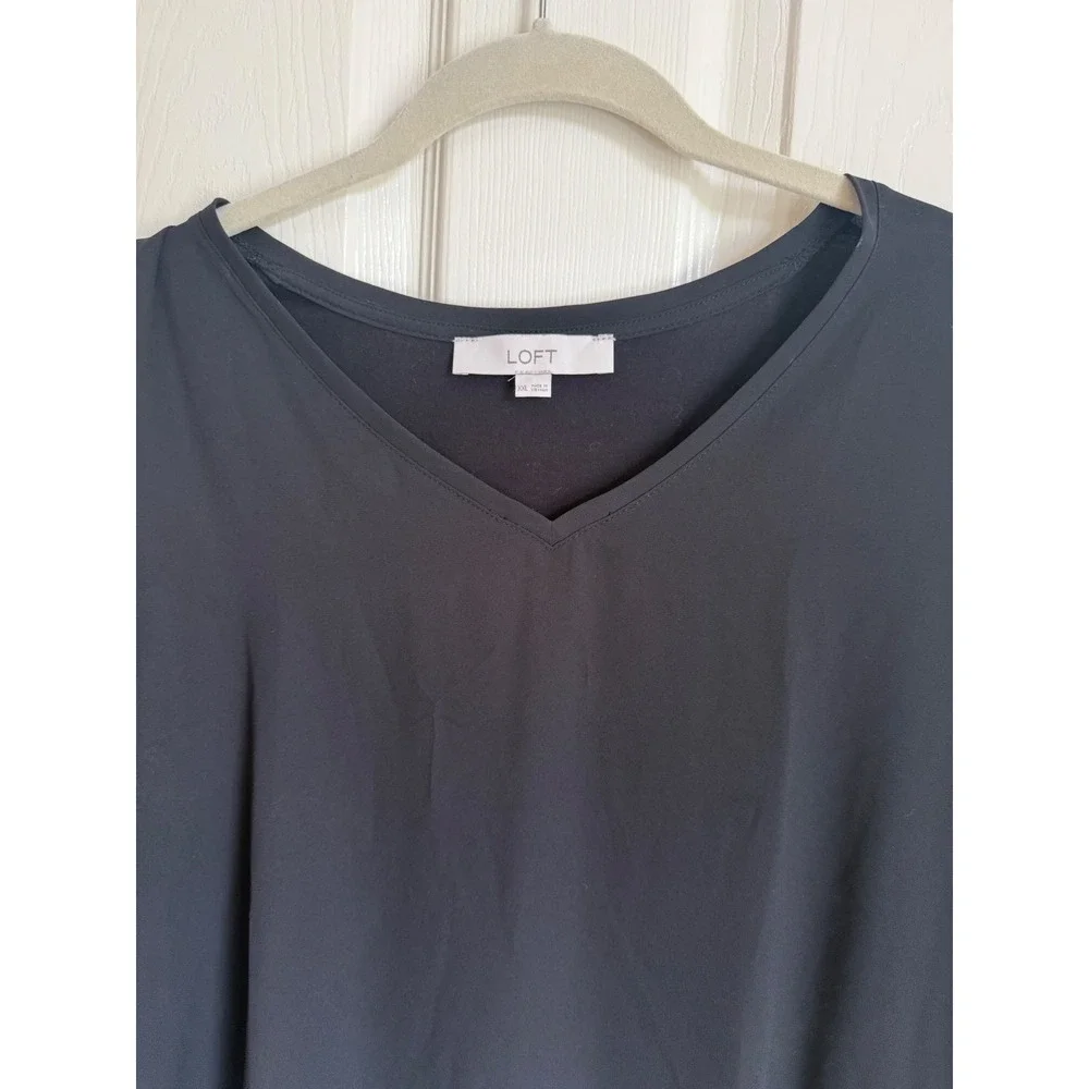 LOFT Black Mixed Media V-Neck Blouse Smocked Cuff Long Sleeve‎ XXL